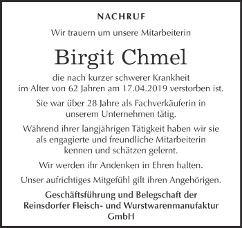 Traueranzeige von Birgit Chmel von Super Sonntag Wittenberg