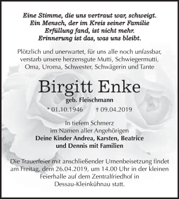 Traueranzeige von Birgitt Enke von WVG - Wochenspiegel Dessau / Köthen