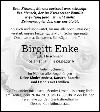 Traueranzeige von Birgitt Enke von Mitteldeutsche Zeitung Dessau-Roßlau