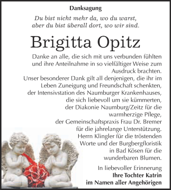 Traueranzeige von Brigitta Opitz von WVG - Wochenspiegel NMB / WSF / ZTZ