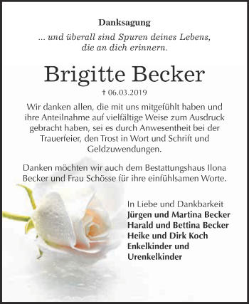 Traueranzeige von Brigitte Becker von Super Sonntag SGH Mansf. Land