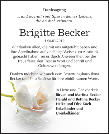 Traueranzeige von Brigitte Becker von Mitteldeutsche Zeitung Sangerhausen