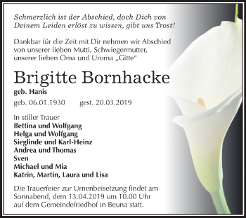 Traueranzeige von Brigitte Bornhacke von Mitteldeutsche Zeitung Merseburg/Querfurt