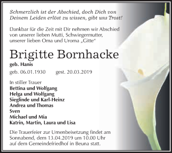 Traueranzeige von Brigitte Bornhacke von WVG - Wochenspiegel Merseburg