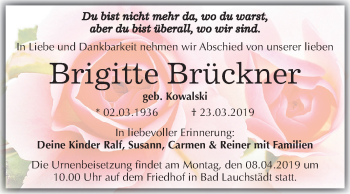 Traueranzeige von Brigitte Brückner von Mitteldeutsche Zeitung Merseburg/Querfurt