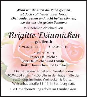 Traueranzeige von Brigitte Däumichen von Mitteldeutsche Zeitung Bernburg