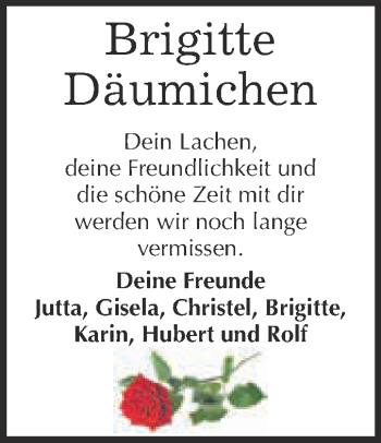 Traueranzeige von Brigitte Däumichen von Super Sonntag Bernburg