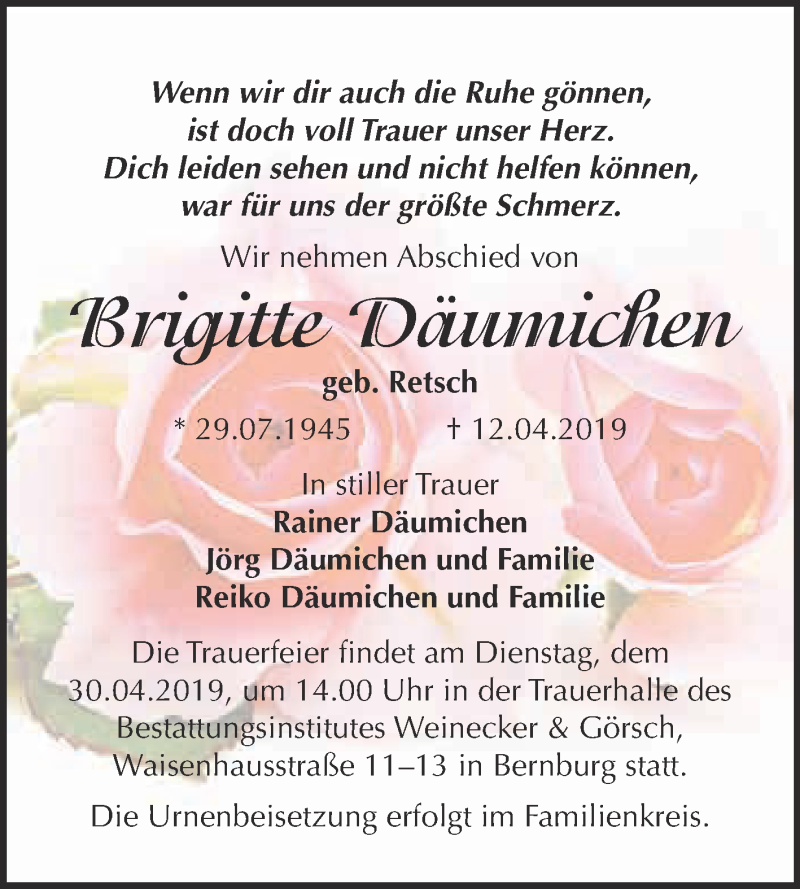  Traueranzeige für Brigitte Däumichen vom 15.04.2019 aus Super Sonntag Bernburg