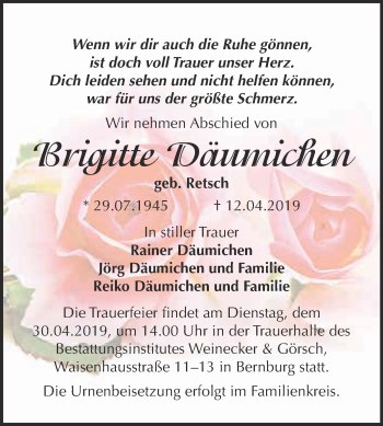 Traueranzeige von Brigitte Däumichen von Super Sonntag Bernburg