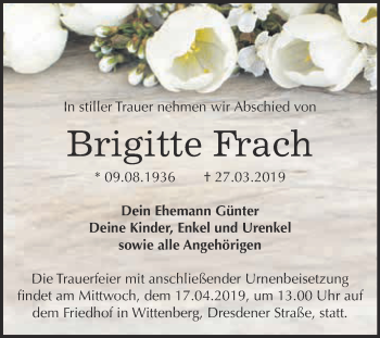 Traueranzeige von Brigitte Frach von WVG - Wochenspiegel Wittenberg