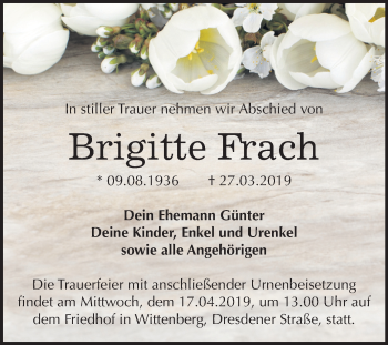 Traueranzeige von Brigitte Frach von Mitteldeutsche Zeitung Wittenberg