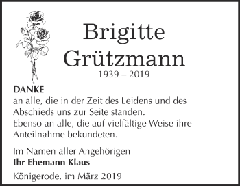 Traueranzeige von Brigitte Grützmann von WVG - Wochenspiegel Quedlinburg