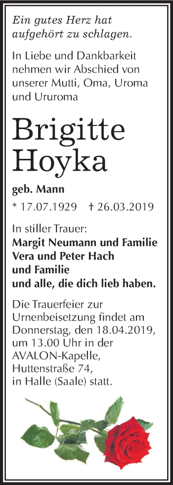 Traueranzeige von Brigitte Hoyka von Mitteldeutsche Zeitung Halle/Saalkreis