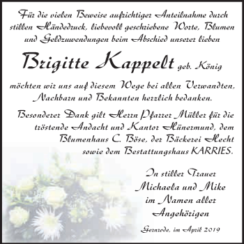 Traueranzeige von Brigitte Kappelt von WVG - Wochenspiegel Quedlinburg