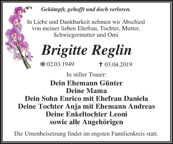 Traueranzeige von Brigitte Reglin von Mitteldeutsche Zeitung