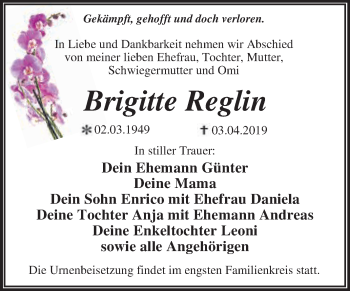 Traueranzeige von Brigitte Reglin von WVG - Wochenspiegel Dessau / Köthen