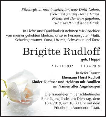 Traueranzeige von Brigitte Rudloff von Mitteldeutsche Zeitung Halle/Saalkreis