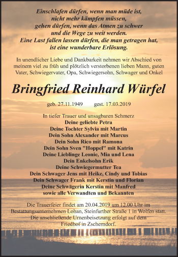 Traueranzeige von Bringfried Reinhard Würfel von Mitteldeutsche Zeitung Bitterfeld