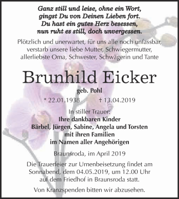 Traueranzeige von Brunhild Eicker von WVG - Wochenspiegel NMB / WSF / ZTZ