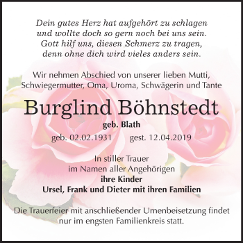 Traueranzeige von Burglind Böhnstedt von Mitteldeutsche Zeitung Quedlinburg