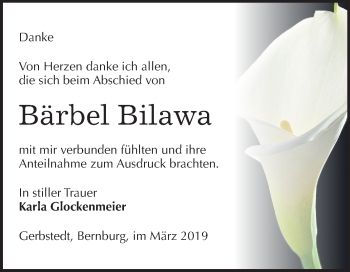 Traueranzeige von Bärbel Bilawa von Mitteldeutsche Zeitung Mansfelder Land