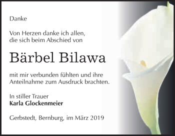 Traueranzeige von Bärbel Bilawa von Wochenspiegel Mansfelder Land