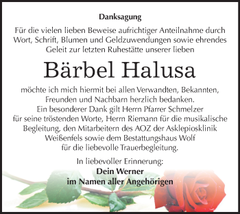 Traueranzeige von Bärbel Halusa von Mitteldeutsche Zeitung Weißenfels