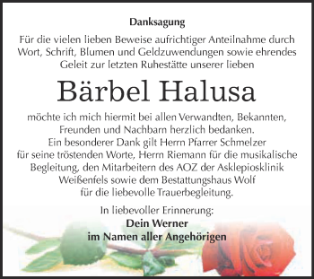 Traueranzeige von Bärbel Halusa von WVG - Wochenspiegel NMB / WSF / ZTZ