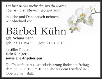 Traueranzeige von Bärbel Kühn von WVG - Wochenspiegel Merseburg