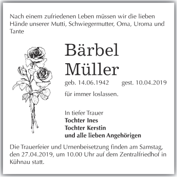 Traueranzeige von Bärbel Müller von WVG - Wochenspiegel Dessau / Köthen