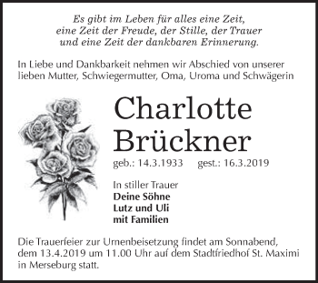 Traueranzeige von Charlotte Brückner von WVG - Wochenspiegel Merseburg