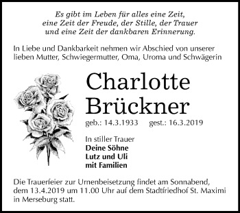 Traueranzeige von Charlotte Brückner von Mitteldeutsche Zeitung Merseburg/Querfurt