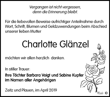 Traueranzeige von Charlotte Glänzel von WVG - Wochenspiegel NMB / WSF / ZTZ