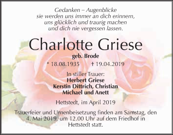Traueranzeige von Charlotte Griese von Super Sonntag SGH Mansf. Land