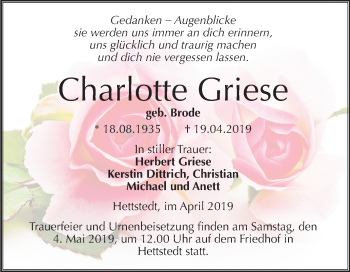 Traueranzeige von Charlotte Griese von Mitteldeutsche Zeitung
