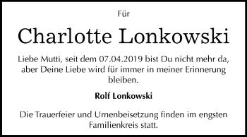 Traueranzeige von Charlotte Lonkowski von Mitteldeutsche Zeitung Wittenberg