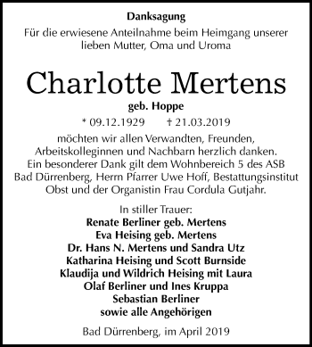 Traueranzeige von Charlotte Mertens von Mitteldeutsche Zeitung Merseburg/Querfurt