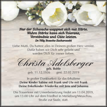 Traueranzeige von Christa Adelsberger von Super Sonntag Merseburg