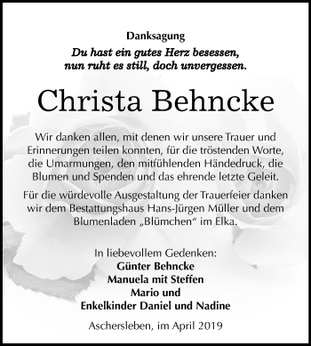 Traueranzeige von Christa Behncke von Mitteldeutsche Zeitung Aschersleben