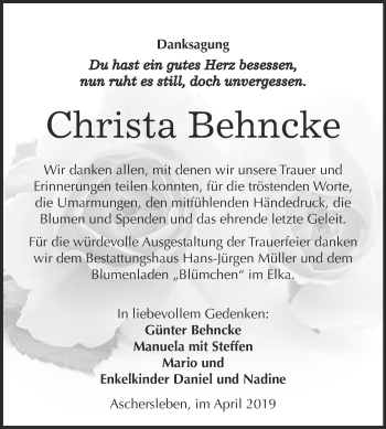 Traueranzeige von Christa Behncke von Super Sonntag Aschersleben