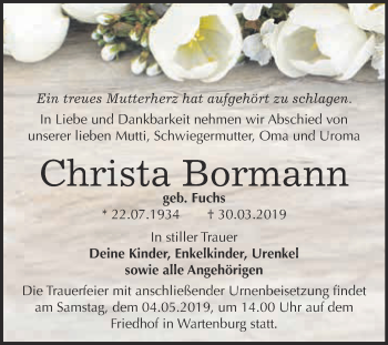 Traueranzeige von Christa Bormann von Super Sonntag Wittenberg