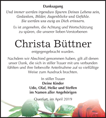 Traueranzeige von Christa Büttner von Mitteldeutsche Zeitung Merseburg/Querfurt