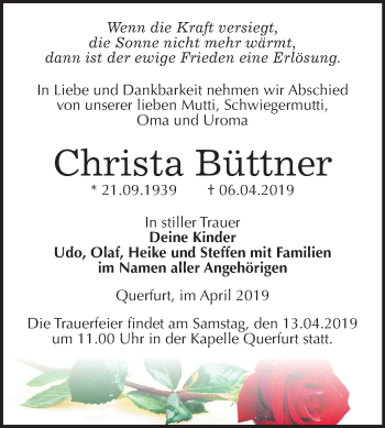 Traueranzeige von Christa Büttner von Mitteldeutsche Zeitung Merseburg/Querfurt