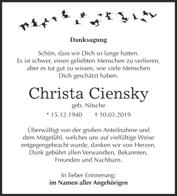 Traueranzeige von Christa Ciensky von WVG - Wochenspiegel Dessau / Köthen