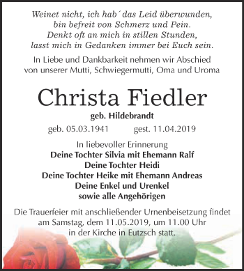 Traueranzeige von Christa Fiedler von Super Sonntag Wittenberg