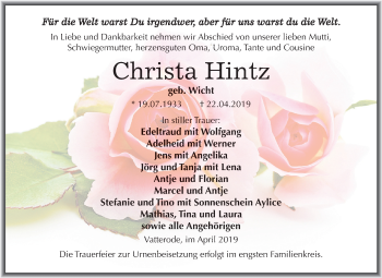 Traueranzeige von Christa Hintz von Mitteldeutsche Zeitung