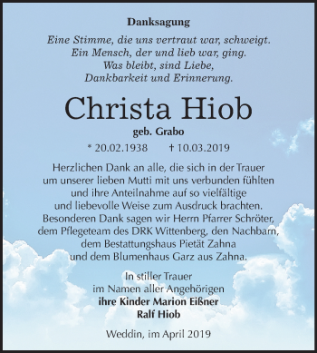 Traueranzeige von Christa Hiob von Mitteldeutsche Zeitung