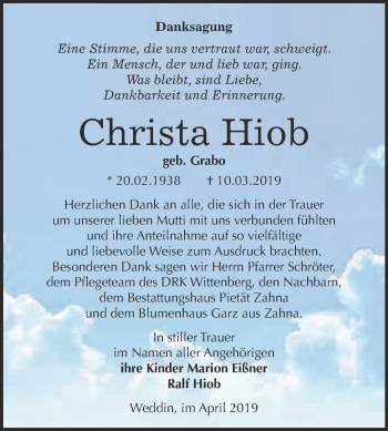 Traueranzeige von Christa Hiob von Super Sonntag Wittenberg