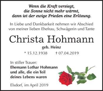 Traueranzeige von Christa Hohmann von Mitteldeutsche Zeitung Köthen