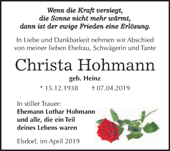 Traueranzeige von Christa Hohmann von WVG - Wochenspiegel Dessau / Köthen